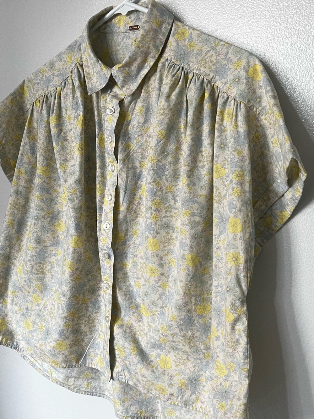 Free People Yellow, Blue, Pink, and Light Gray Pastel Floral Button-Down Shirt